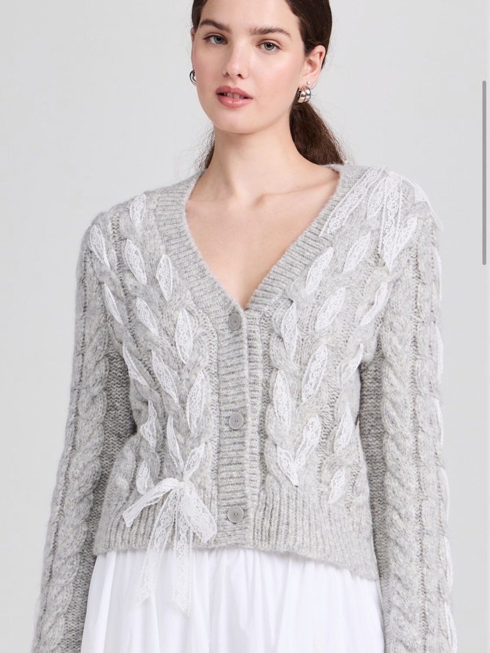 LoveShackFancy Light Gray Cable-Knit V-Neck Cardigan Sweater size XL.